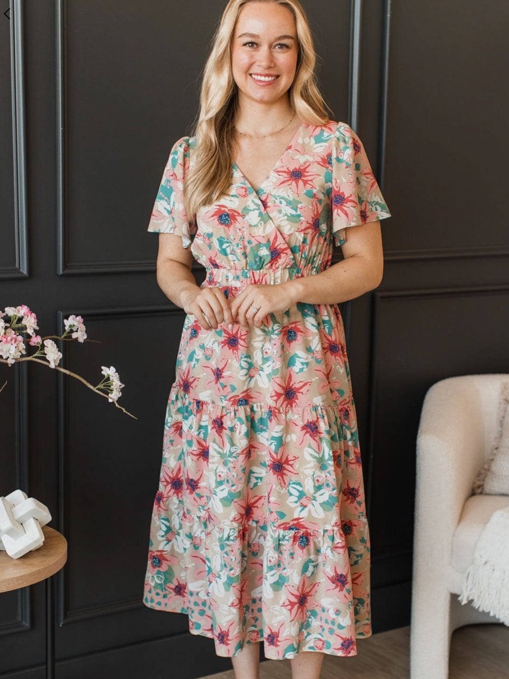 mittoshop Floral Midi Dress in Blush Pink and Teal